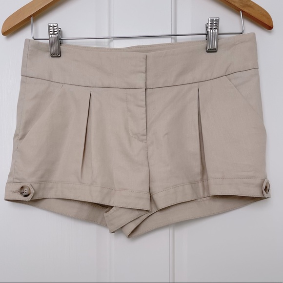 bebe Pants - bebe Tan Pleated Shorts with Buttons